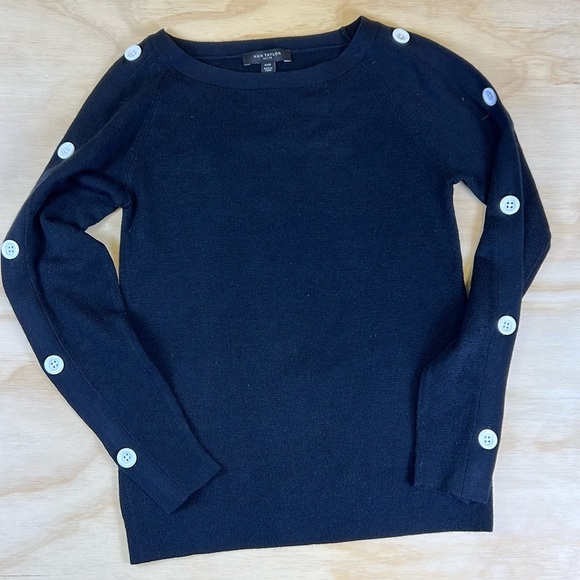 Ann Taylor Wool Blend Button Sleeve Cold Shoulder Knit Jumper Sweater Black XXSP - Picture 1 of 10